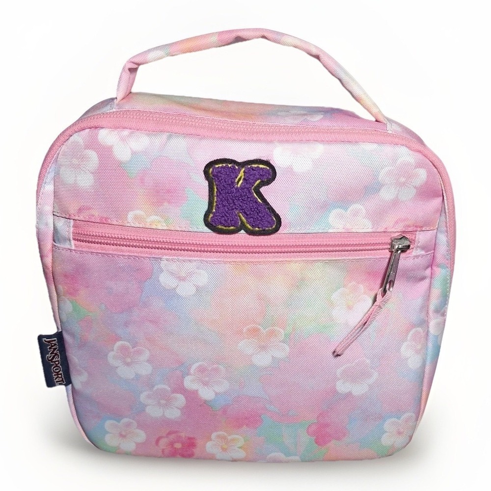 JanSport Lunch Break Bag Pink Floral Watercolor Chenille K Patch